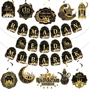 2 in 1 Ramadan Eid Mubarak Decorations-Ramadan and Eid Banner Hanging Swirls Bla - Picture 1 of 6