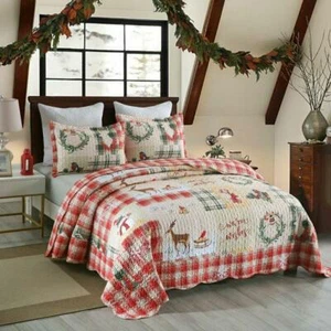 3 Piece Christmas Quilt Rustic Western Lodge Cabin Bedspread Quilt Set - Picture 1 of 5