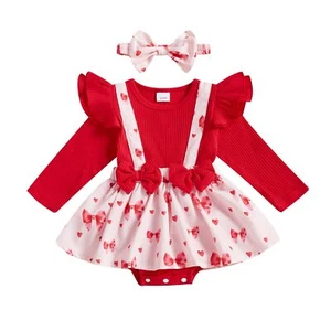 Baby Girl Valentines Day Outfit Newborn Love Heart Romper Dress Ribbed Ruffle... - Picture 1 of 7