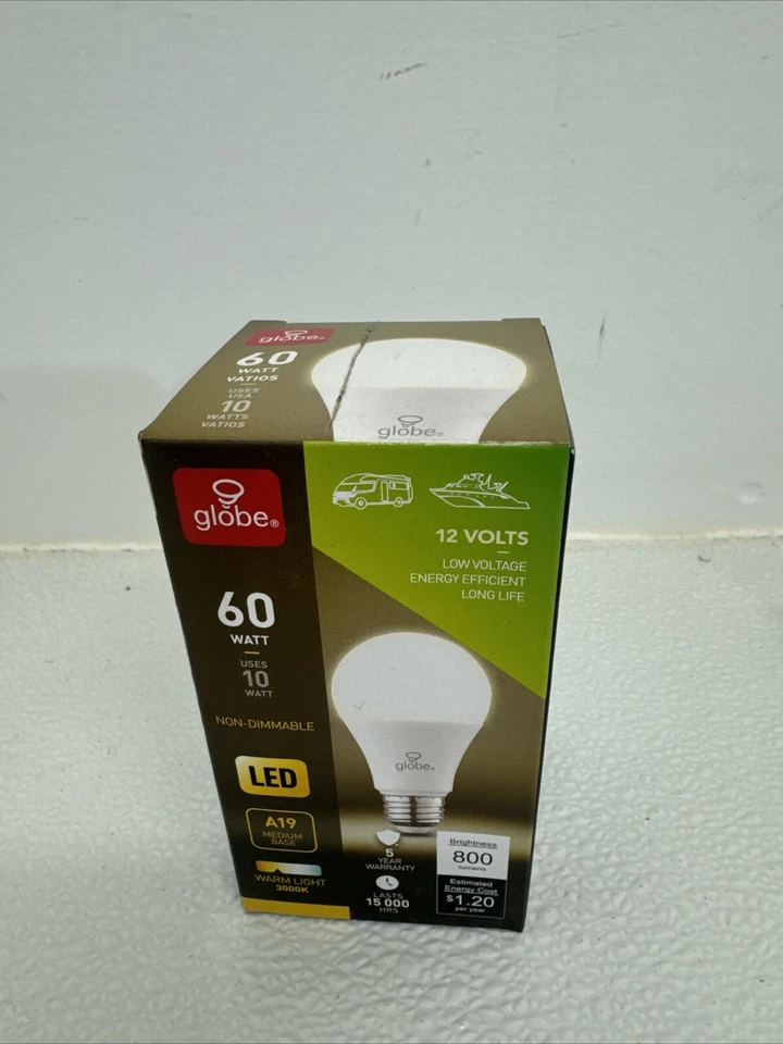 New Globe 12V AC/DC Marine / RV 60W A19 LED 3000K Warm Non-Dimmable Low Voltage - Image 1 of 1