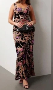 Kleid The Population XXL schwarz Blumen Samt Ausbrenner Rüschen Paris Gown Maxi - Bild 1 von 18