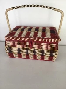 VTG WICKER SEWING BASKET WITH Wrapped HANDLE wood Bottom Red, White,Blue - Picture 1 of 7