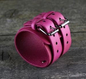 Pulsera de cuero rosa, puño hombre, accesorios mujer. - Imagen 1 de 9