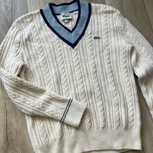 Lacoste Unisex V-Ausschnitt Zopfmuster Pullover Large Big Croc Weiß Preppy Academia - Bild 1 von 8