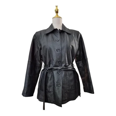 Chaqueta Gianni Ferrara Mujer Cuero Genuino Negra Cinturón Botón Frontal Talla L Foto 1 de 4