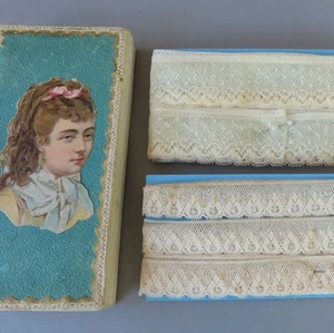 Antique Hanky Box w 2 Cards French LACE Trim VALENCIENNES 1" - 1.5" Wide 10+ Yds - Picture 1 of 8