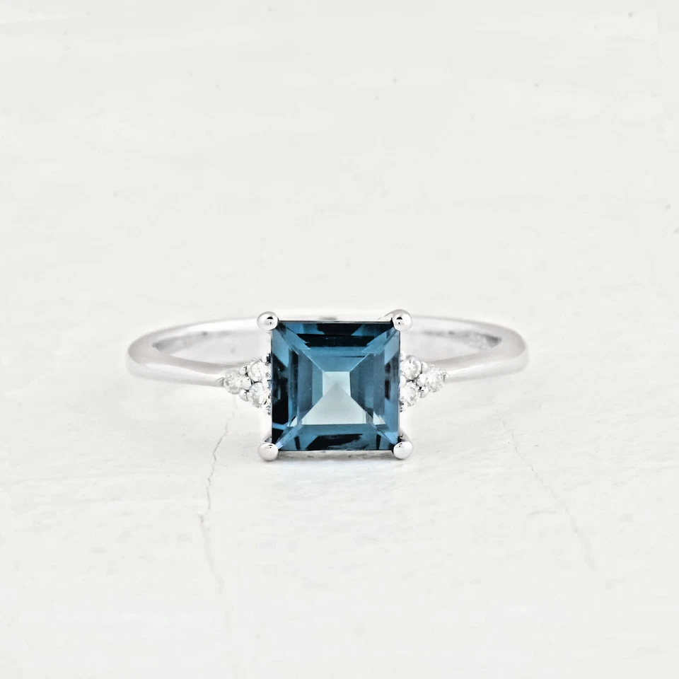 London Blue Topaz Ring Princess cut 925 sterling silver promise Ring For Women - Image 1 of 4