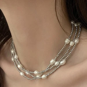 Collar de cuentas de acero titanio empalme de perlas blancas de agua dulce de 3 hilos 40+6 cm AA - Imagen 1 de 3