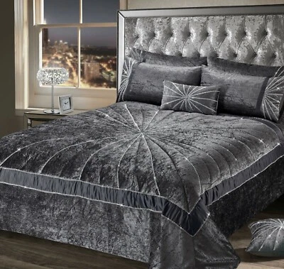 Crushed Velvet Premium Bedding Collection Charcoal Dark Grey Diamante Starburst