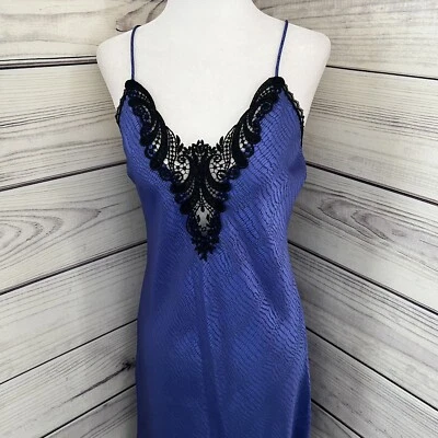 Vintage Lucie Ann II Blue & Black Satin & Lace Lingerie Slip Nightgown Dress - Image 1 of 4