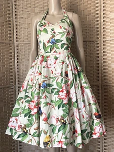 BANNED Retro BIRD FLORAL PRINT FIT & FLARE SWING DRESS 16 Cotton HALTER - Picture 1 of 15