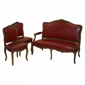 OXBLOOD LEDER FRANZÖSISCH LOUIS XV STIL SALON SUITE WALNUSS SESSEL & SOFA SOFA - Bild 1 von 12
