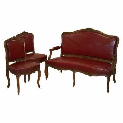 OXBLOOD LEATHER FRENCH LOUIS XV STYLE SALON SUITE WALNUT ARMCHAIRS & SOFA SETTEE - Image 1 of 4
