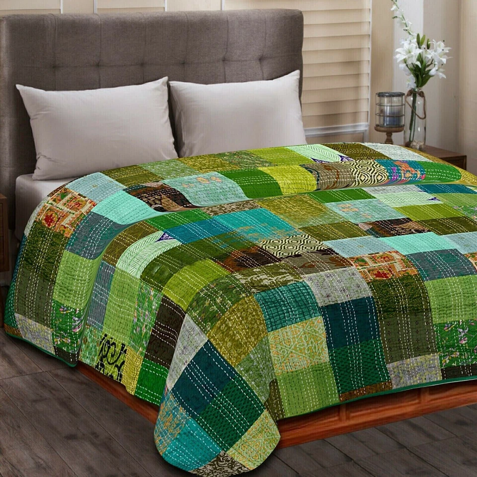 Colcha de algodão indiana vintage feita à mão Kantha colcha king floral capa de cama - Imagem 1 de 4