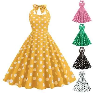 Women's Vintage Halter Sexy Dot Print Cocktail Dress Straps Dinner Formal Dress - Picture 1 of 30