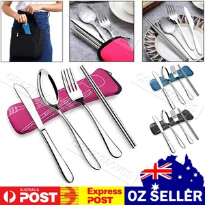 4x Cutlery Travel Knife Fork Portable Bag StainlessSteel Spoon Chopstick Set VIC - Picture 1 of 14