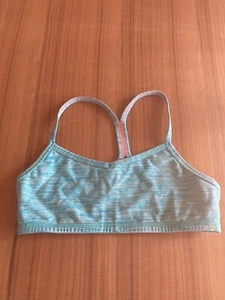 ivivva girls workout crop top 12 turquoise white space dye cut out back pink  - Picture 1 of 7