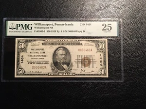 50.00 1929 national bank note Williamsport PA PMG 25 very fine small tear repair - Picture 1 of 3