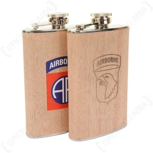 82nd Airborne or 101st Airborne - Wood Effect Stainless Steel Hip Flask 5oz - Picture 1 of 6