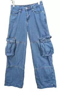 Wild Fable Women's Mid-Rise Cargo Baggy Wide Leg Utility Denim Jeans Blue Sz M? - Picture 1 of 15