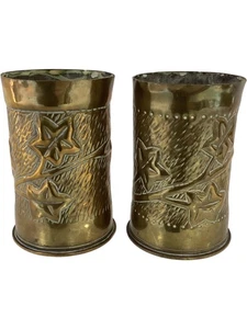 Trench Art Pair of Vintage Brass Shell Case Vases with Embossed Star Design - Picture 1 of 10