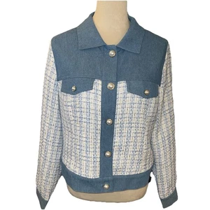 NWT $138 Nanette Lepore Bouclé Medium Denim/ Tweed Jacket Blazer~pearl buttons - Picture 1 of 13