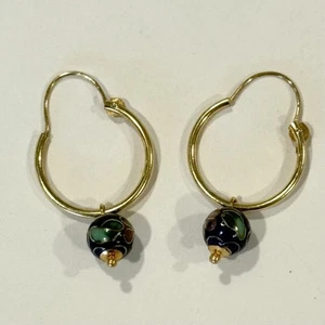 Vintage JCM 14k Yellow Gold Floral Cloisonné Hoop Earrings Enamel  - Picture 1 of 12