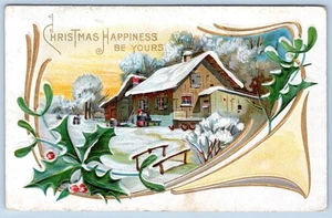 1912 CHRISTMAS HAPPINESS BE YOURS WINTER SCENE CABIN HOLLY EMBOSSED POSTCARD - Picture 1 of 2