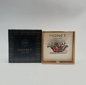 Monet Santa Sleigh Brooch Pin Silver Tone Rhinestones Enameled Holiday Box 2023 - Picture 1 of 6