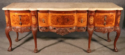 Burled Walnut Georgian Inlaid Ball and Claw Marble Top Sideboard Buffet Server Cover