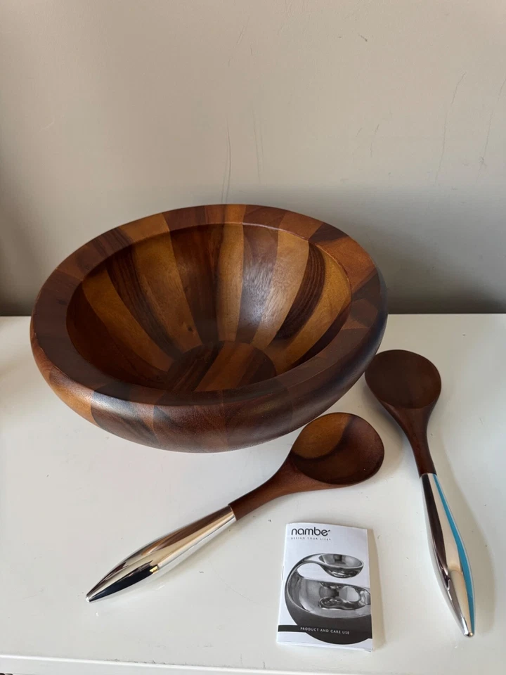 Nambe YARO Acacia-wood Salad Bowl With 2 Servers