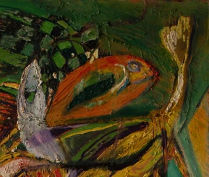 Naturaleza muerta peces abstracto óleo desconocido lienzo siglo XX - Imagen 1 de 3