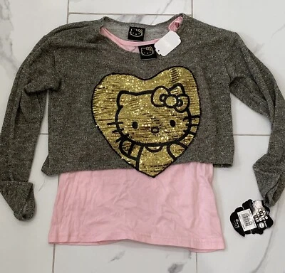 NWT Hello Kitty Girls Metallic Sequin Heart Crop Top with Pink Tank. Size Large - Image 1 of 4