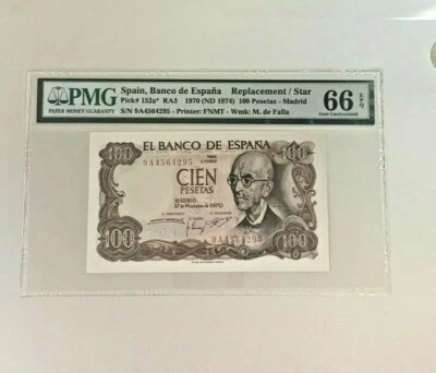 1970 Spain 100 Pesetas P-152a* "REPLACEMENT/STAR" PMG 66 EPQ  - Image 1 of 2
