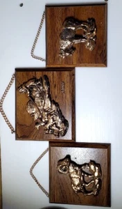 3 Vtg Wooden Wall Plaque 3D Faux Copper Ram Goat Eskimo & Dog Sled Rustic 5"x5" - Picture 1 of 4
