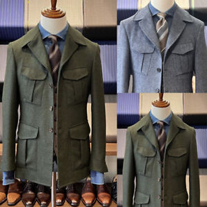 Vintage Tweed Men's Safari Jackets Herringbone Hunting Coat Causal Wear 4 Pocket