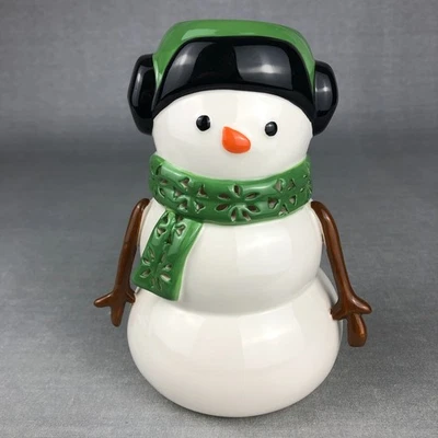 Bath & Body Works SNOWMAN Candle Luminary Votive Holder 7" Green Pierced Scarf - Image 1 of 4
