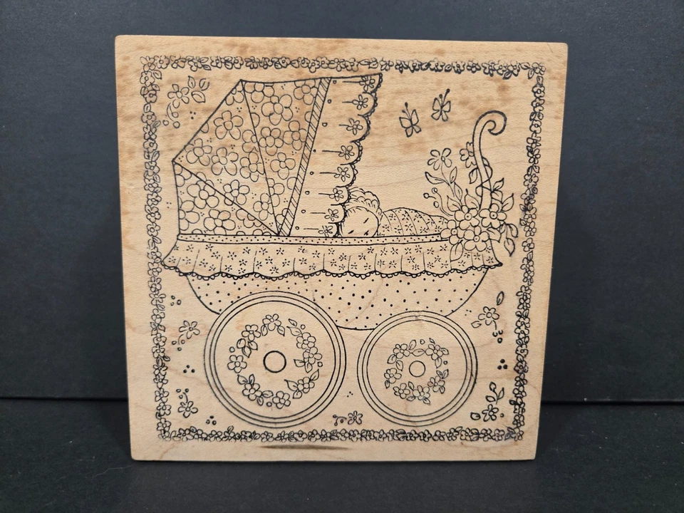 Sello de goma magenta de 1990, 17061-P, cochecito de bebé vintage, flores, floral Foto 1 de 3