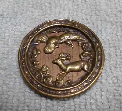 Vintage Antique Metal Picture Button BIRD & BUCK DEER - Image 1 of 4