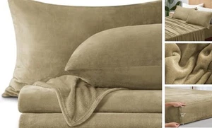 Flannel Sheets Twin Size Camel - Super Soft Fleece Sheets Set Fluffy Extra - Picture 1 of 7