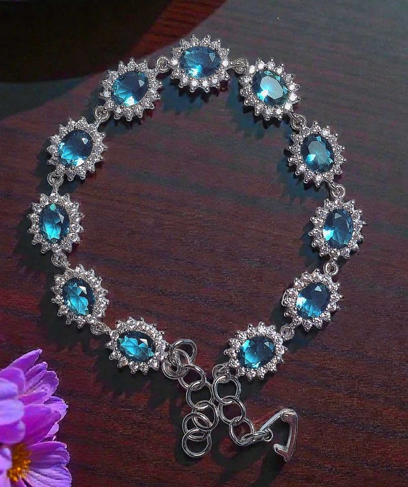 London Blue Topaz, White Topaz & .925 Sterling Silver Bracelet, 8 Inch - Image 1 of 4