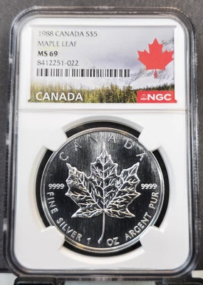 1988 CANADA SILVER 5 DOLLARS S$5 MAPLE LEAF NGC MS 69 RARE FIRST YEAR TOP POP - Image 1 of 3