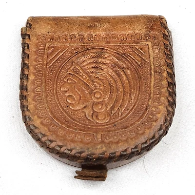De Colección Mini Monedero de Cuero Tooled de 2.75" Guerrero Azteca Mexicano Plegable, Bolsillo Foto 1 de 4