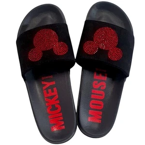 Sandali donna neri Topolino slip-on slide Disney con orecchie di cristallo rosso - Foto 1 di 12