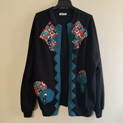Vintage Jerzees Jacket Women's Sz 3X Southwestern Aztec Open Cardigan Black Teal - Image 1 of 4