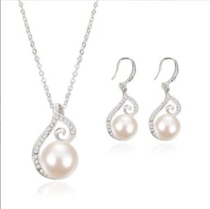 925 Silver Plated white Cultured Freshwater bead Pearl Earring Stud Necklace Set - Picture 1 of 6