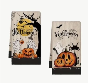 Juego de toallas de plato de cocina de té de cabaña ultra absorbente de Halloween Ghost Cat Pumpkin - Imagen 1 de 4