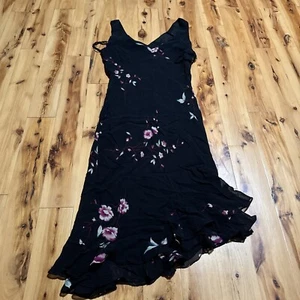Jones New York Vintage 100% Silk Vintage Floral Black Midi Dress Sz 4 - Picture 1 of 3