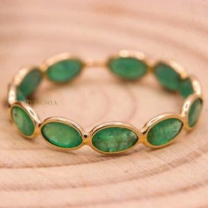 Precious Emerald Gemstone Eternity Band 18k Yellow Gold Minimalist Ring For Wife - Picture 1 of 7