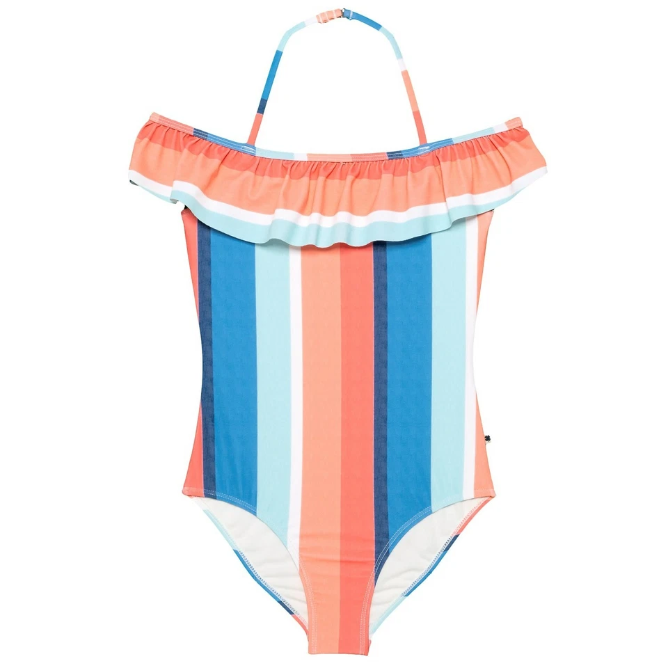 New $80 Lucky Brand Girls Orange Blue Striped Ruffled One-Piece Swimsuit Size L - Image 1 of 1